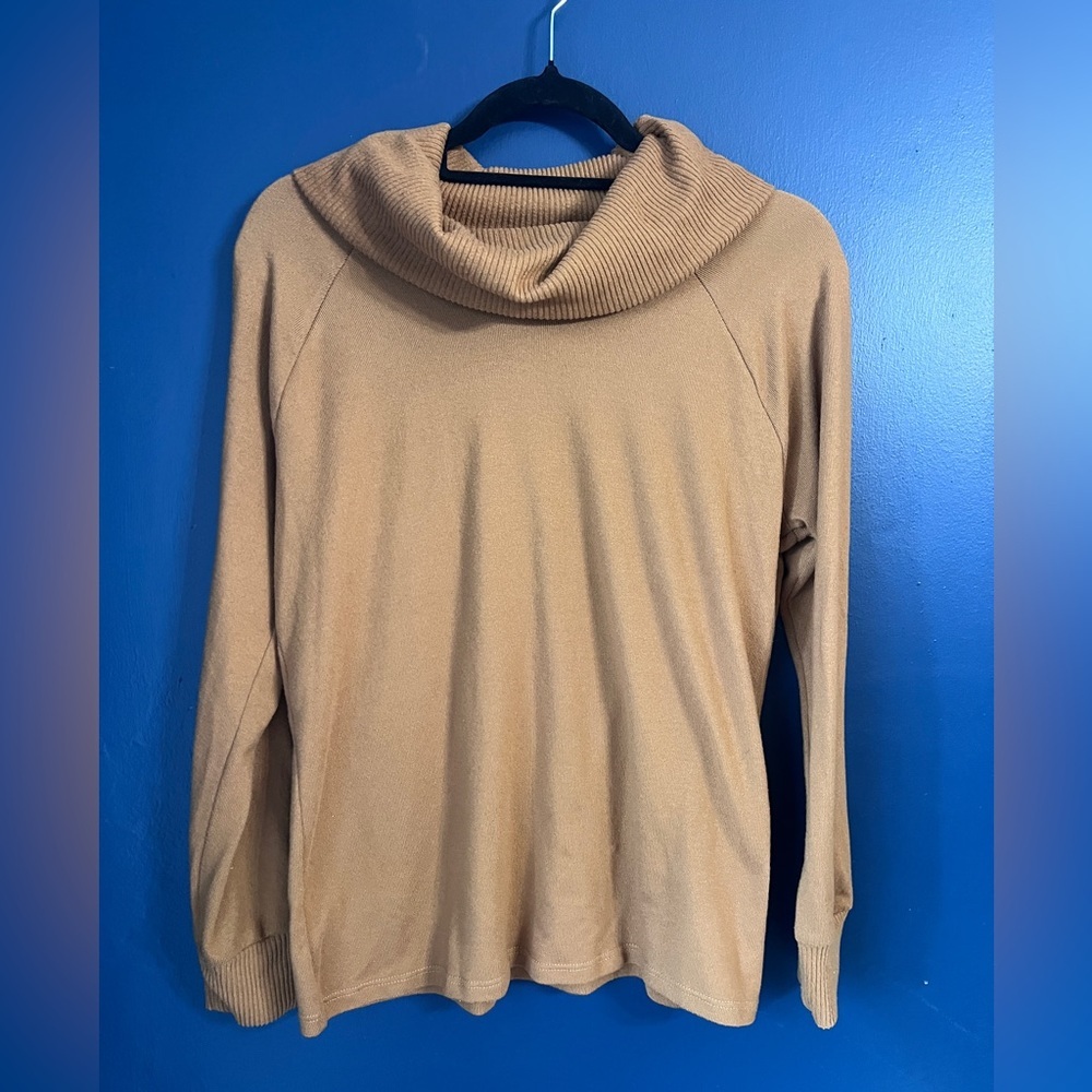 Just Be Cowl Neck Top Tan Knit Long Sleeve M